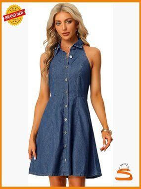 Lightweight Denim Button Down Sleeveless Halter Neck A-Line Jean Dress